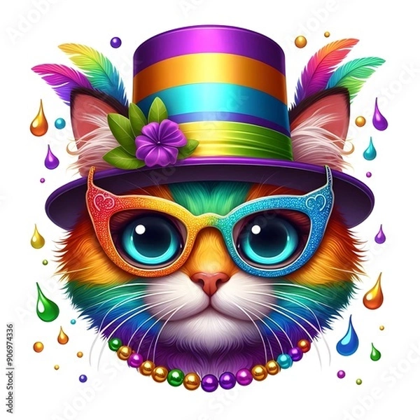 Fototapeta Rainbow Cat in a Top Hat and Glasses