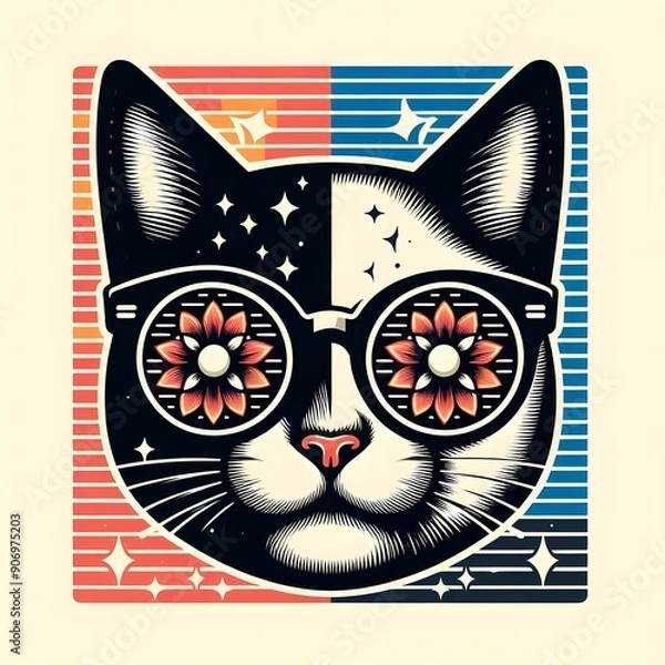Fototapeta Retro Cat Wearing Sunglasses with Flower Pattern