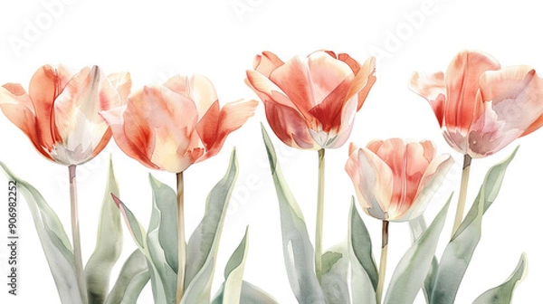 Fototapeta Watercolor botanical illustration of tulips using layering (glazing), soft pastel blending, white background