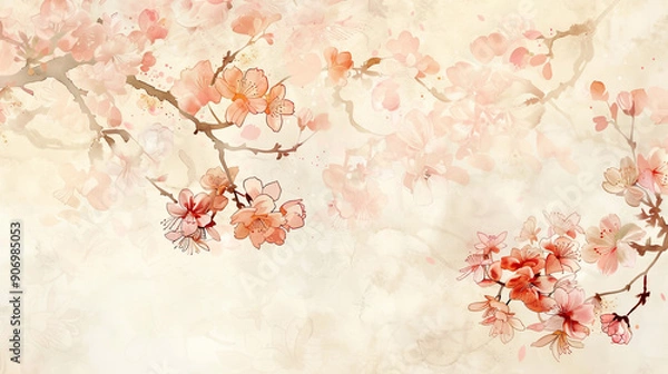 Fototapeta Watercolor cherry blossoms with gradient washes, seamless transitions in soft spring hues, light beige background