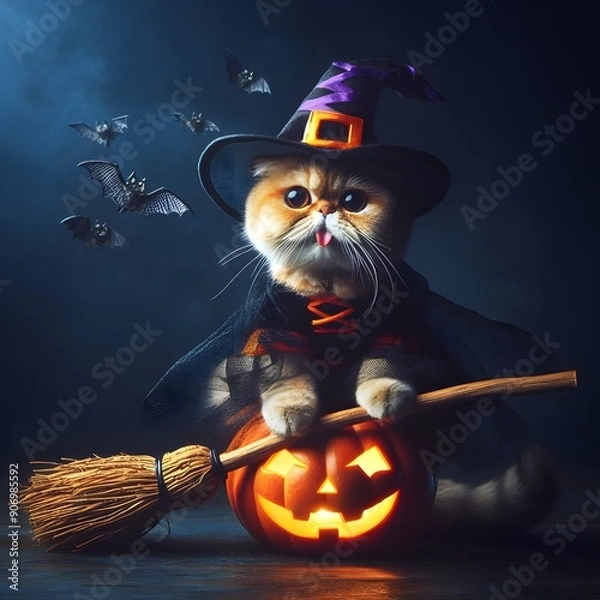 Fototapeta Witch Cat On a Broom with a Jack-O-Lantern for Halloween