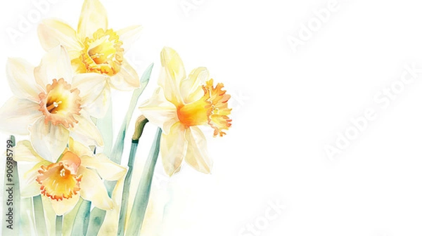 Fototapeta Watercolor daffodils in wet-on-wet style, soft blending of pinks and yellows, white background