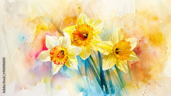 Fototapeta Watercolor daffodils with color mixing on paper, vibrant and dynamic blending of spring colors, light background