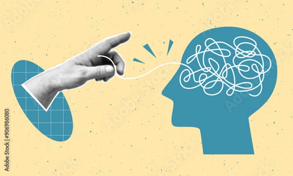 Obraz Collage of mental health concept with halftone hand and human head. Psychologic therapy session concept and help in fighting stress, depression, emotional burnout and other psychological problems