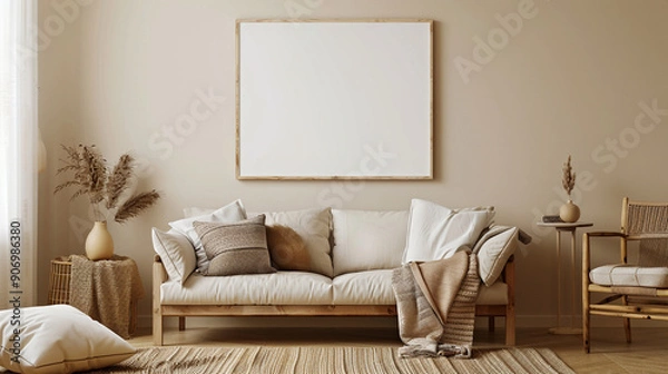 Fototapeta Mockup de salón con decoración en tonos crema y beige, estilo acogedor y natural con muebles de madera y cuadro grande en el centro