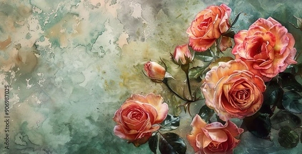 Fototapeta Watercolor garden roses using layering (glazing), depth with rich hues, textured paper background