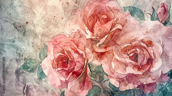 Fototapeta Watercolor garden roses using layering (glazing), depth with rich hues, textured paper background