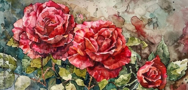 Fototapeta Watercolor garden roses using layering (glazing), depth with rich hues, textured paper background