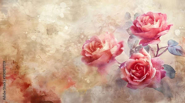 Fototapeta Watercolor garden roses using layering (glazing), rich and deep colors, elegant and serene, textured paper background