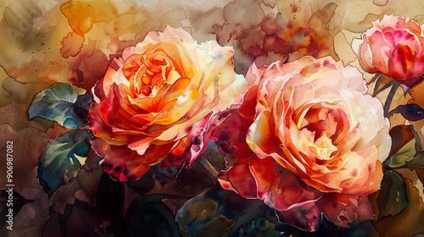 Fototapeta Watercolor garden roses using layering (glazing), depth with rich hues, textured paper background