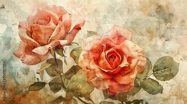Fototapeta Watercolor garden roses using layering (glazing), rich and deep colors, elegant and serene, textured paper background