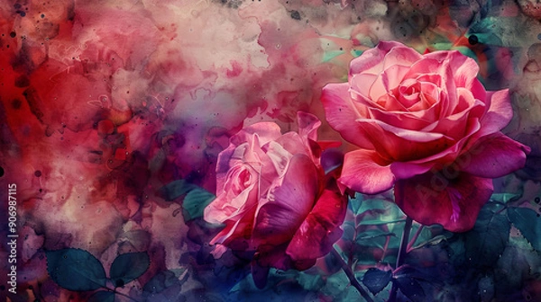 Fototapeta Watercolor garden roses using layering (glazing), vibrant and deep hues, textured paper background