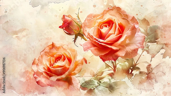 Fototapeta Watercolor garden roses with detailing using fine brushes, intricate and delicate petals, light background