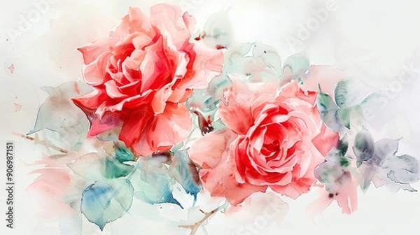 Fototapeta Watercolor garden roses with detailing using fine brushes, intricate and delicate petals, light background