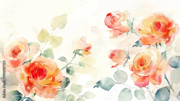 Fototapeta Watercolor garden roses with detailing using fine brushes, intricate and delicate petals, light background
