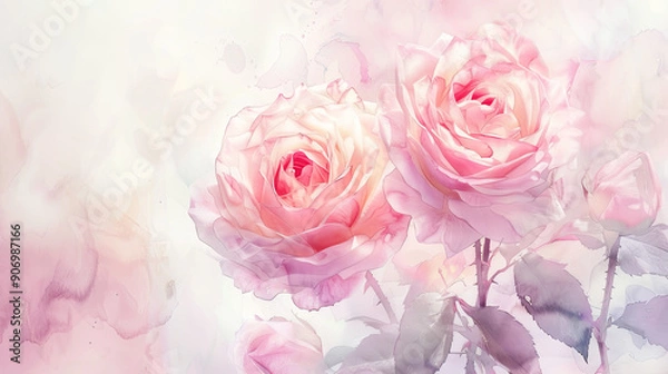 Fototapeta Watercolor garden roses with detailing using fine brushes, intricate and delicate petals, light background