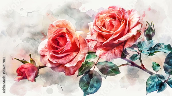 Fototapeta Watercolor garden roses with detailing using fine brushes, intricate and vibrant, light background