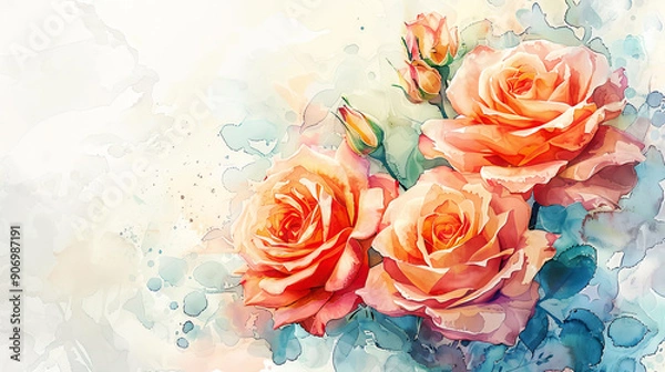 Fototapeta Watercolor garden roses with detailing using fine brushes, intricate and vibrant, light background