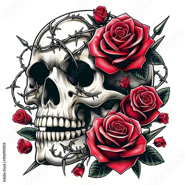 Obraz Skull and Roses with Barbed Wire