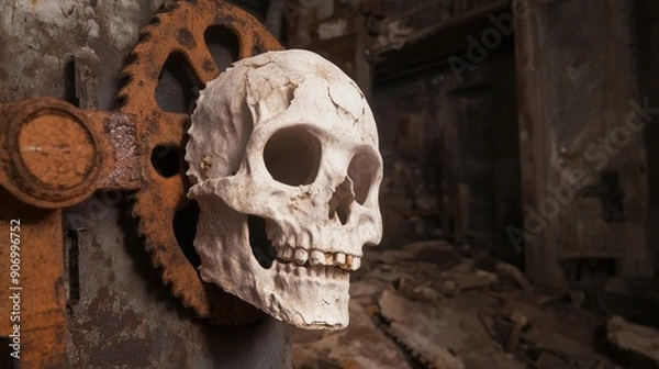 Fototapeta A haunted doll factory with broken dolls, eerie machinery, and ghostly figures, high-resolution photo, realistic photo