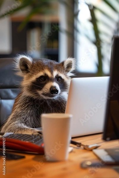 Fototapeta A raccoon engrossed in tasks sits in an office space behind a laptop with a coffee mug on the desk.