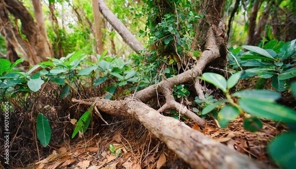 Fototapeta Wild nature background in green forest woods with trunk tree and foliage bush. Environment life on planet earth. Stop deforestation. Love nature. Save planet.