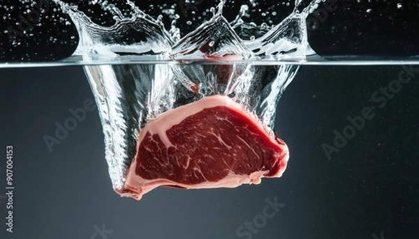 Obraz Raw meat piece splashed dipped into water isolated on dark background, kitchen, cook, cooking, food, chef, restaurant