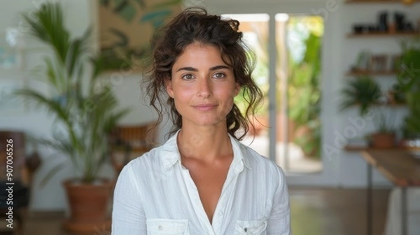 Fototapeta A woman stands confidently in a brightly lit room adorned with a variety of green plants and minimalistic decor, signifying a serene and modern lifestyle