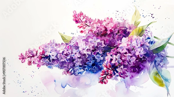 Fototapeta Watercolor lilacs in wet-on-wet style, vibrant spring colors blending softly, white background