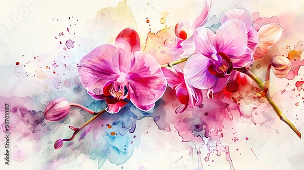 Fototapeta Watercolor orchids detailing with fine brushes, intricate patterns and vibrant hues, light background