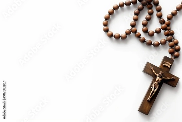 Fototapeta Wooden cross with rosary beads and crucifix on a white background with an empty copy space for text