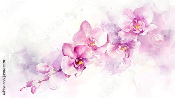 Fototapeta Watercolor orchids with feathering, soft and flowing, elegant and delicate, light and airy, clean white background