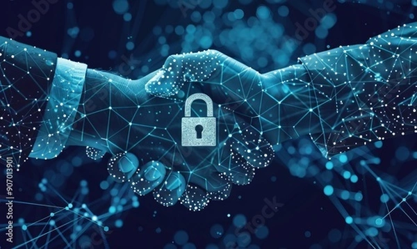Fototapeta Two hands shaking, one digital and one human, with a padlock symbol on a technological background, representing cybersecurity and digital partnerships.  Generative AI