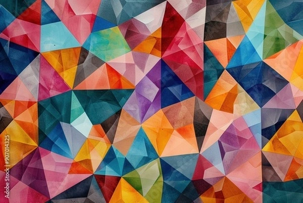 Fototapeta A dynamic composition of geometric shapes in vivid hues, seamlessly interlocked to form a complex, repeating pattern.