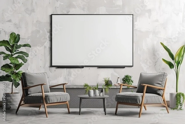 Fototapeta Home living room interior with sofa and armchairs, shelf and panoramic window, Generative AI