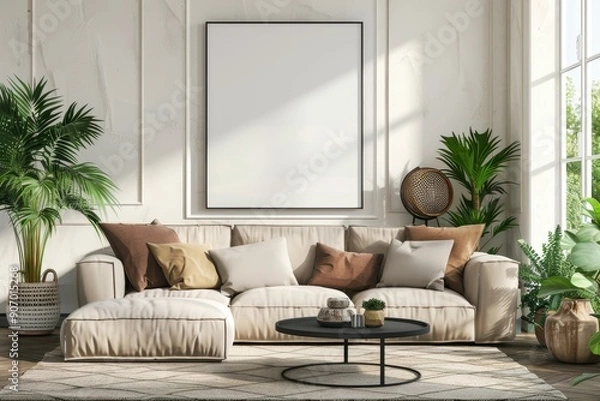 Fototapeta Modern living room interior with blank poster mockups on wall, minimalist furniture, contemporary decor concept. 3D Rendering, Generative AI