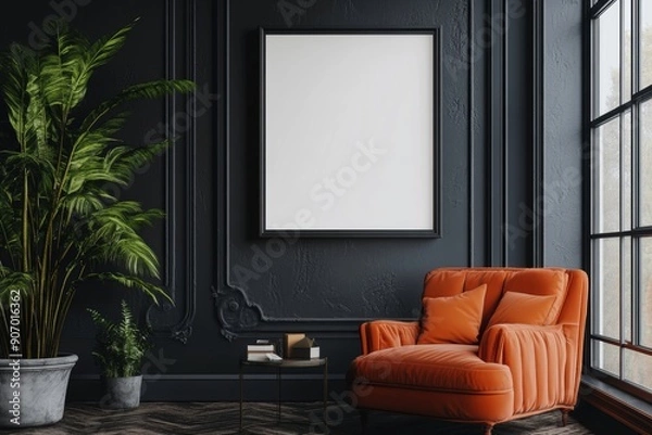 Fototapeta Modern dark home interior background, frame mock up, 3d render, Generative AI