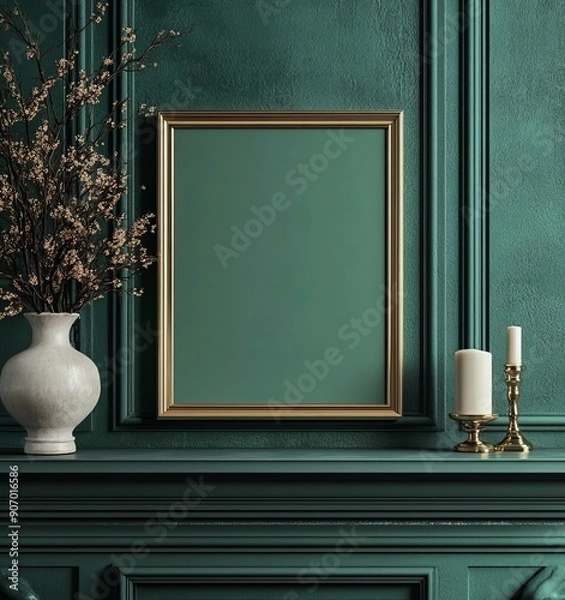 Fototapeta Mock up poster frame on shelf close up in dark green interior background, 3D render, Generative AI