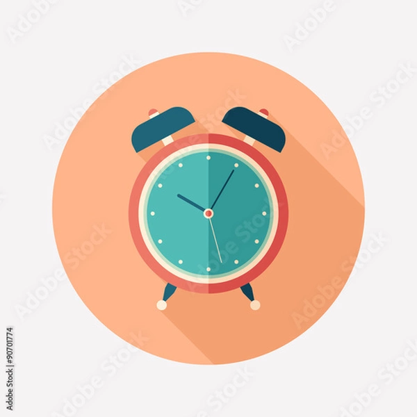 Fototapeta Retro alarm clock flat round icon with long shadows.