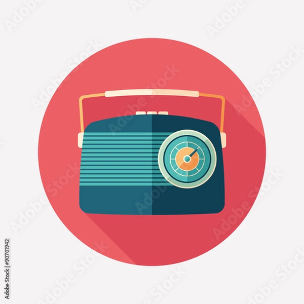 Obraz Blue vintage radio flat round icon with long shadows.