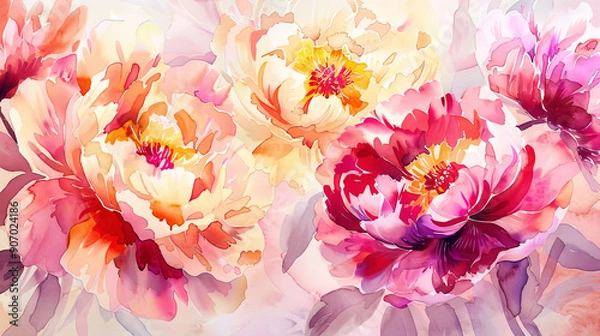 Fototapeta Watercolor peonies detailing with fine brushes, intricate patterns and vibrant hues, light background