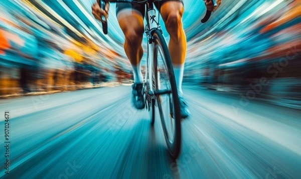 Fototapeta Legs of a track cycling cyclist at a bicycle racing competition with blur from speed of the cycle, Generative AI