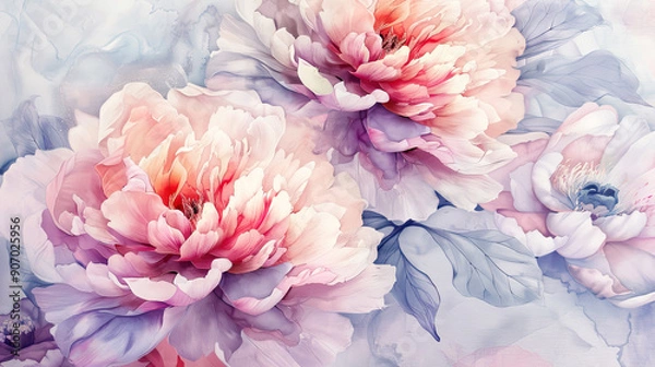 Fototapeta Watercolor peonies with negative painting, vibrant flowers with intricate details, soft background