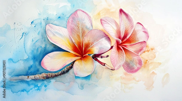 Fototapeta Watercolor plumeria pudica using lifting, soft pastels creating delicate highlights, gentle composition, light background