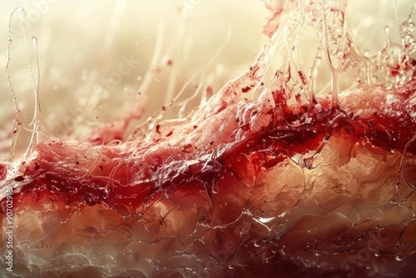 Fototapeta A close-up of red liquid splashing and flowing. AI.
