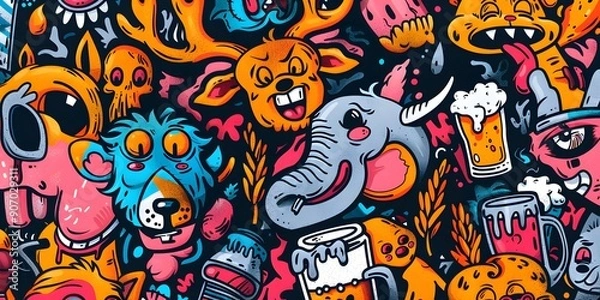 Fototapeta A vibrant, densely packed collage of cartoonish characters and objects in various colors, resembling graffiti art. The image is lively and chaotic, with a playful and energetic vibe.