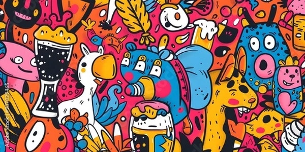 Fototapeta A vibrant, densely packed collage of cartoonish characters and objects in various colors, resembling graffiti art. The image is lively and chaotic, with a playful and energetic vibe.