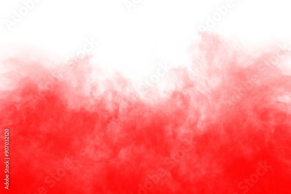 Fototapeta Abstract red smoke isolated on transparent white background. Red color fog clouds rising up. Colorful smoke texture. Steam, vapor, gas, fog special effect. Texture overlays. Graphic design elements
