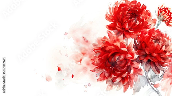 Fototapeta Watercolor Red chrysanthemums with feathering, flowing and soft, elegant and serene, clean white background