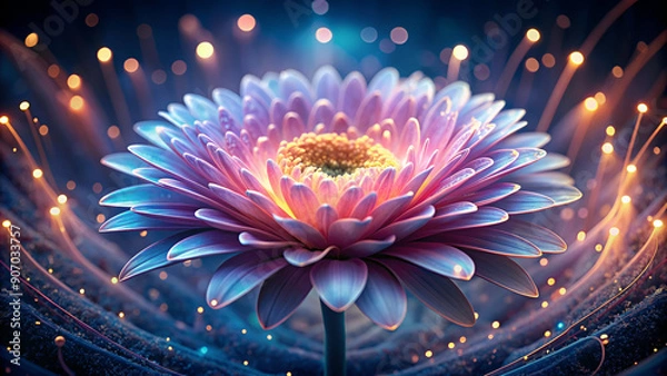 Fototapeta Ethereal flower with a glowing heart, surrounded by shimmering particles in a dark, mystical space.